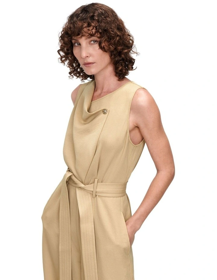 Grainy Twill Cowl Neck Jumpsuit in Camel image 2