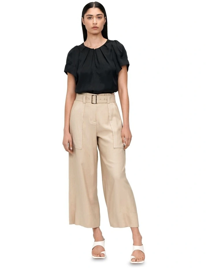 Drapey Twill Tuck Neck Top in Black image 1