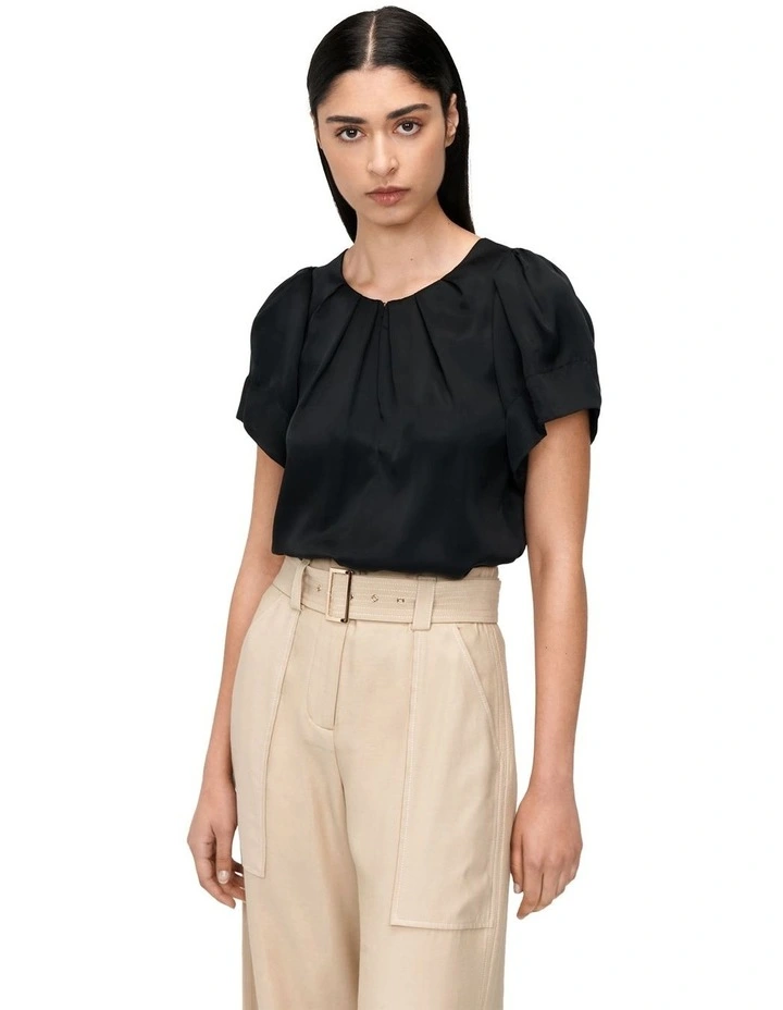 Drapey Twill Tuck Neck Top in Black image 2