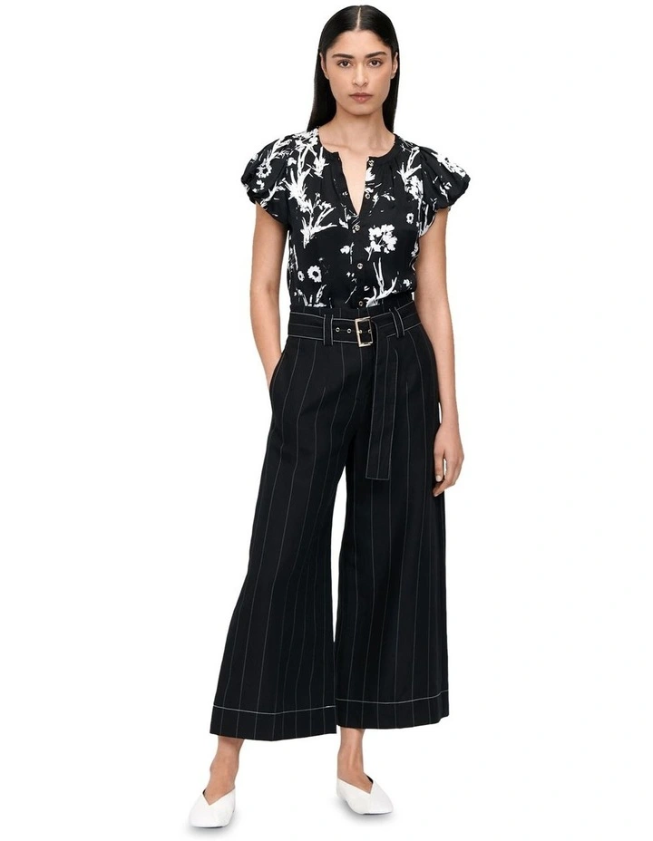 Textured Pinstripe Topstitched Cropped Pant in Black image 1
