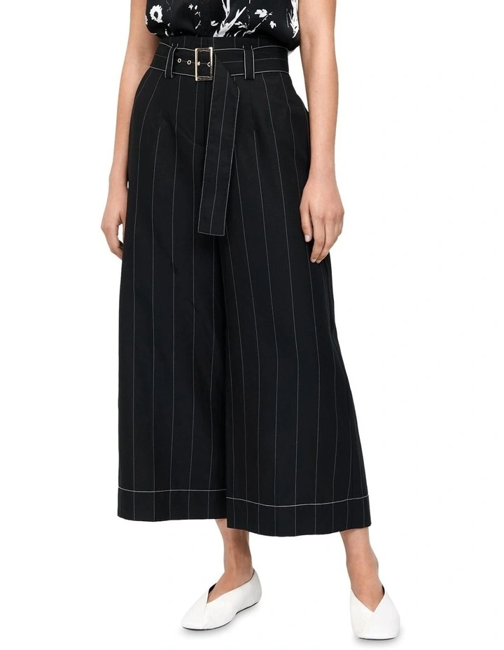 Textured Pinstripe Topstitched Cropped Pant in Black image 2