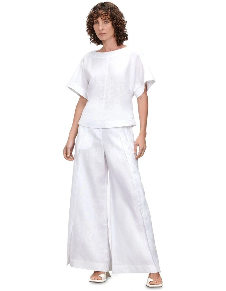 European Linen Slash Neck Top in White image 1