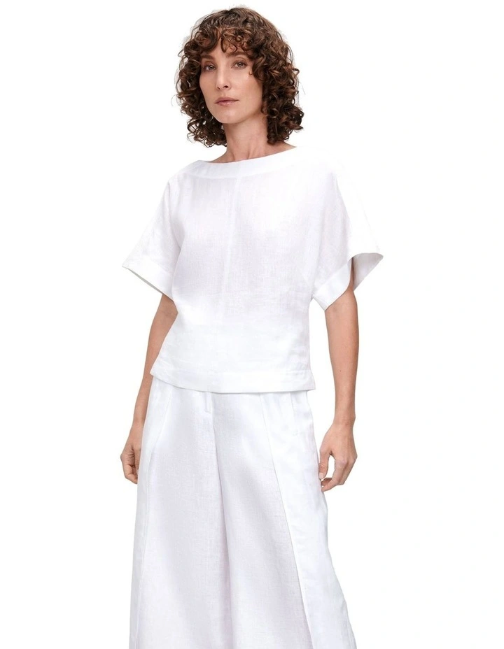 European Linen Slash Neck Top in White image 2
