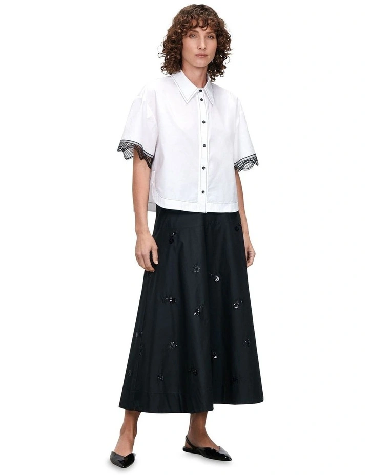 Cotton Poplin Lace Sleeve Shirt in White image 1