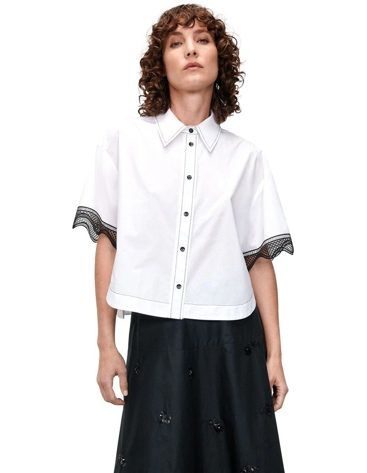 Cotton Poplin Lace Sleeve Shirt in White image 2