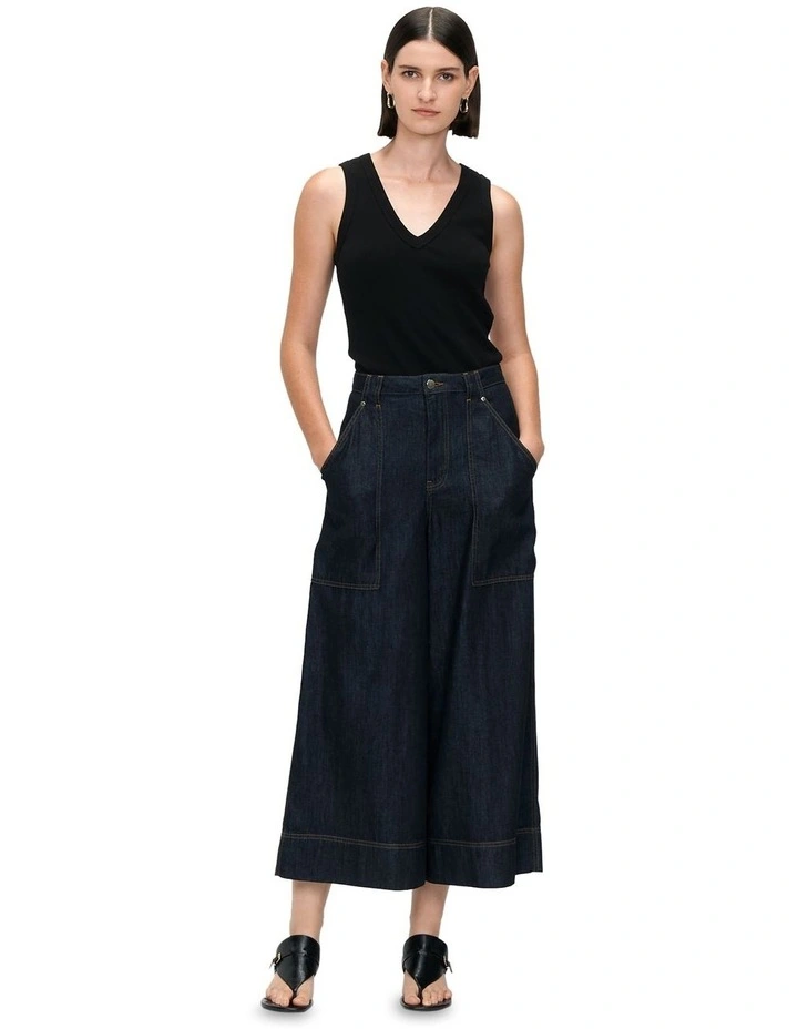 Tencel Denim Wide Cropped Pant in Dark Indigo Wash image 1