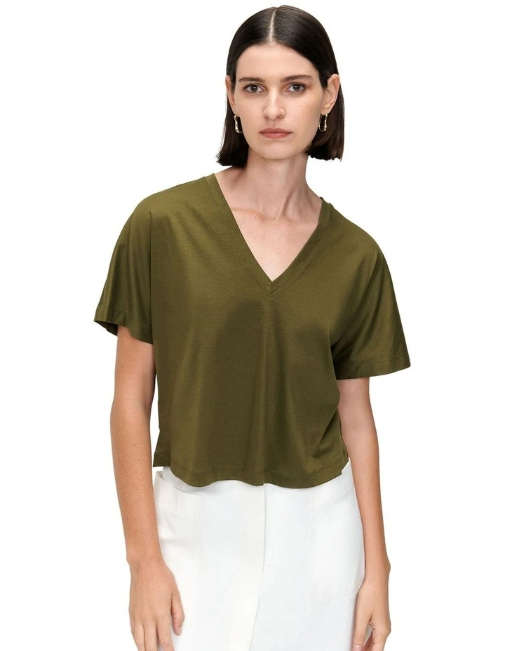 Mercerised CottonV-Neck Cropped Tee in Olive image 2