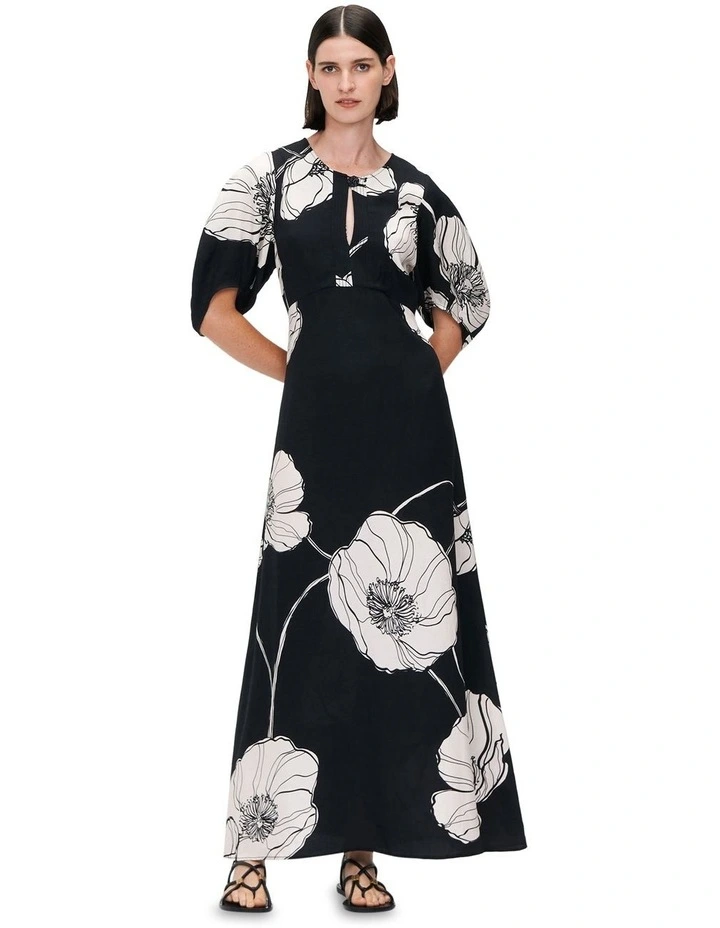 Ebony Poppy Viscose Linen Dress in Black/White image 1