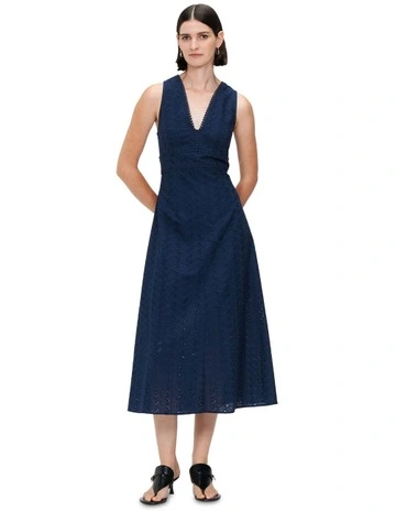 Botanical Broderie Empire Midi Dress in French Navy