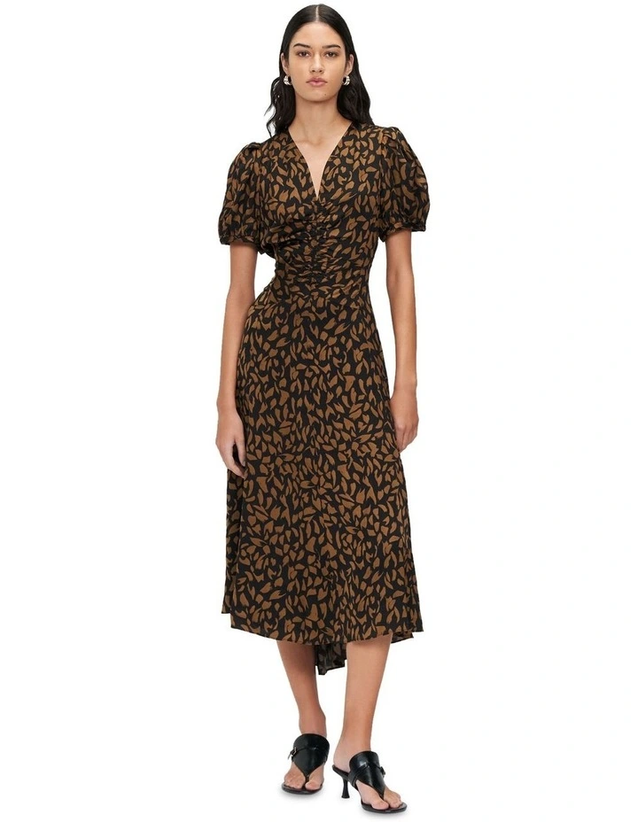 Hazel Leopard Satin Gathered Dress in Brown image 1