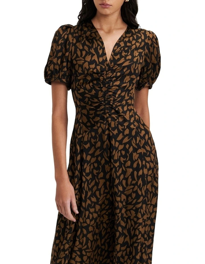 Hazel Leopard Satin Gathered Dress in Brown image 3