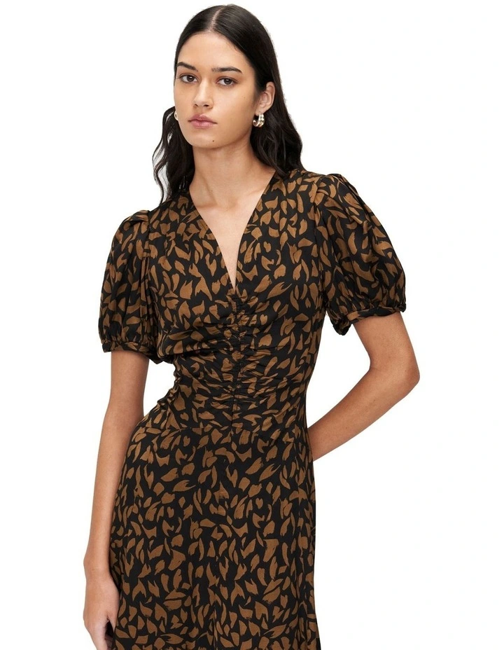 Hazel Leopard Satin Gathered Dress in Brown image 4