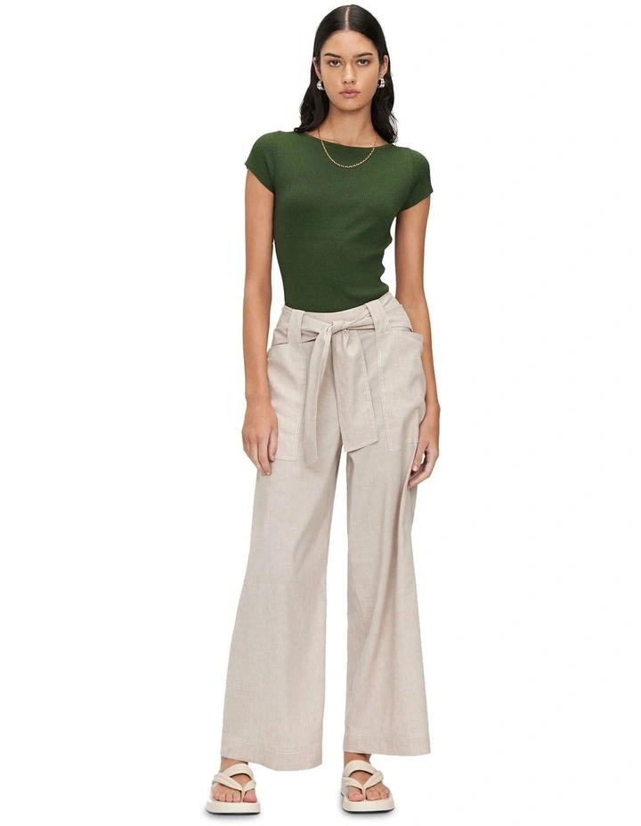 Ribbed Cap Sleeve Boat Neck Knit Top in Green image 1