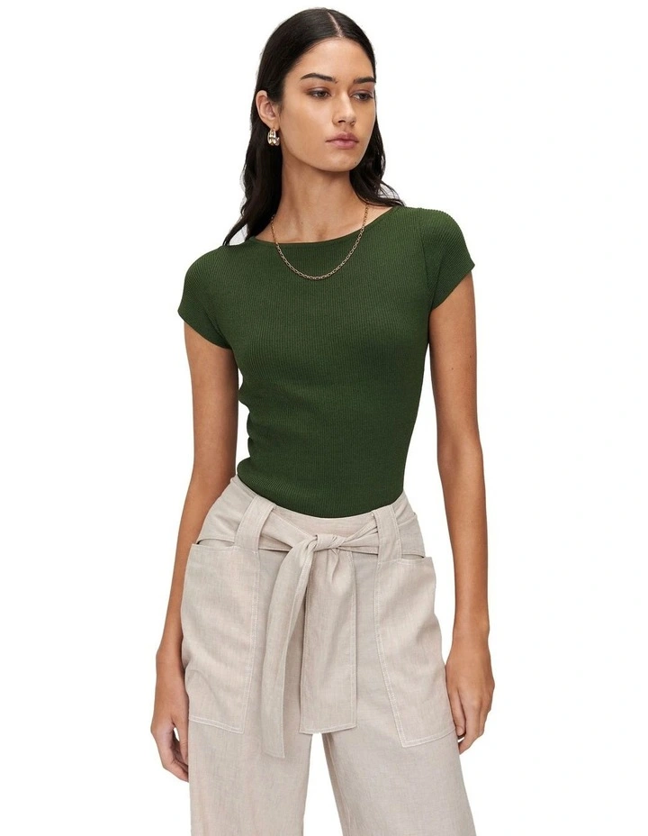 Ribbed Cap Sleeve Boat Neck Knit Top in Green image 3