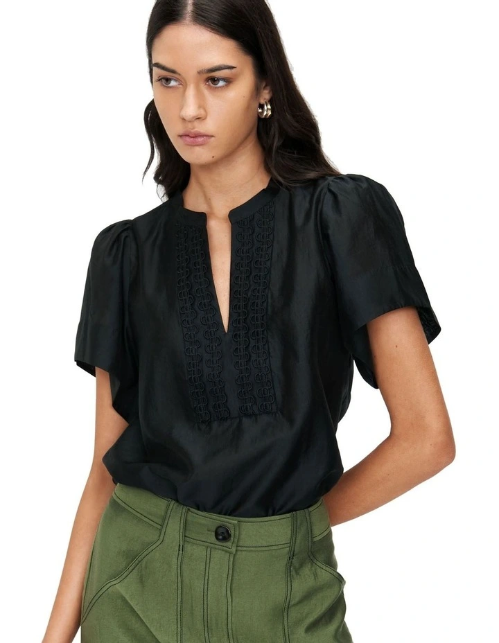 Light Tencel Lace Trim Top in Black image 3