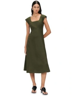 Viscose Linen Square Neck Dress in Green