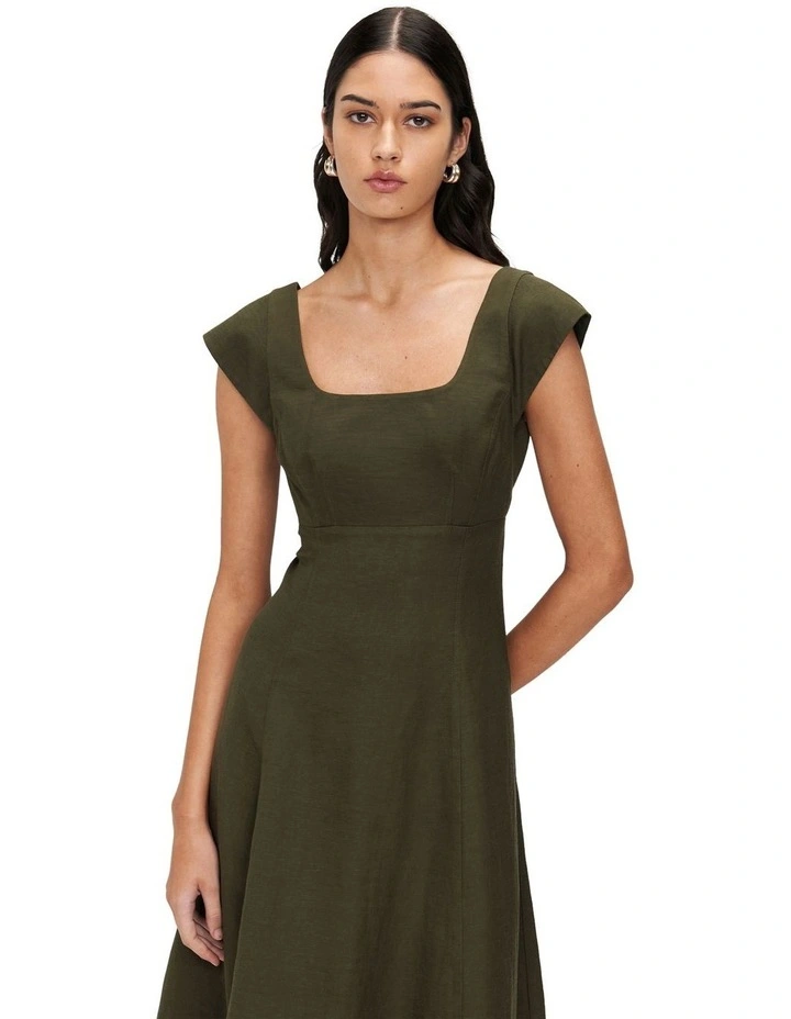 Viscose Linen Square Neck Dress in Green image 2