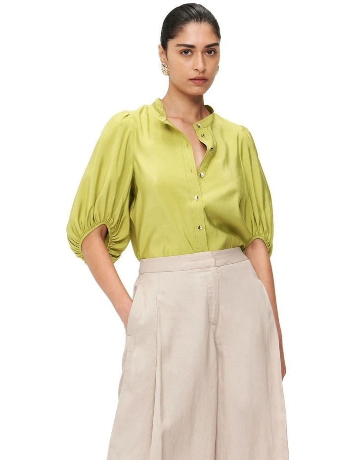 Washed Modal Blouson Sleeve Shirt in Citron image 3