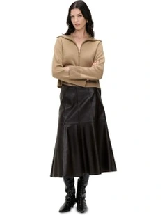 Merino And Cotton Zip Up Cardigan in Camel