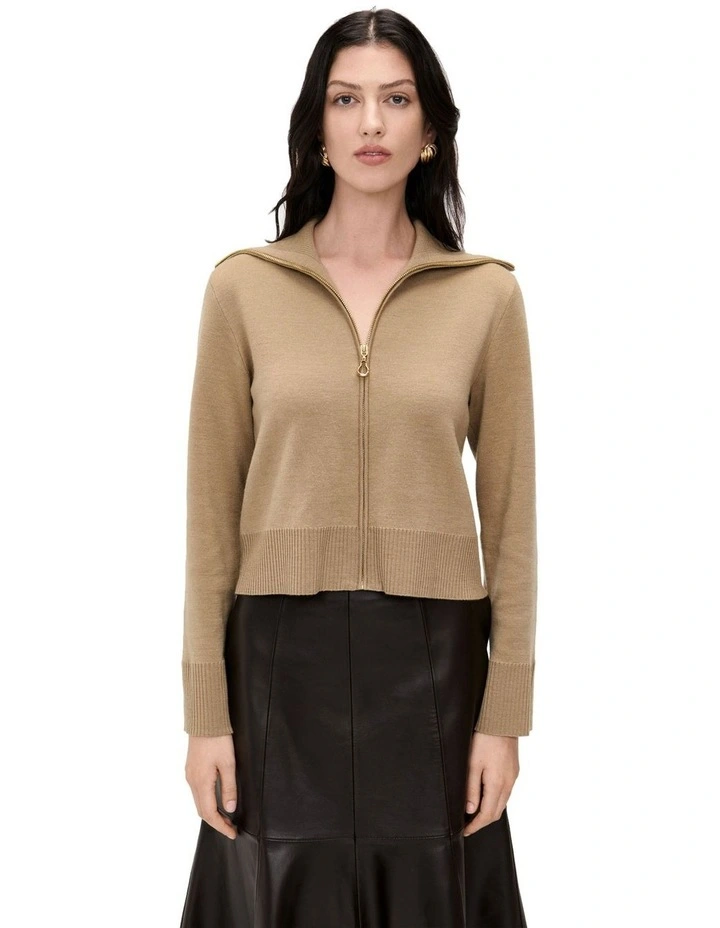 Merino And Cotton Zip Up Cardigan in Camel image 3