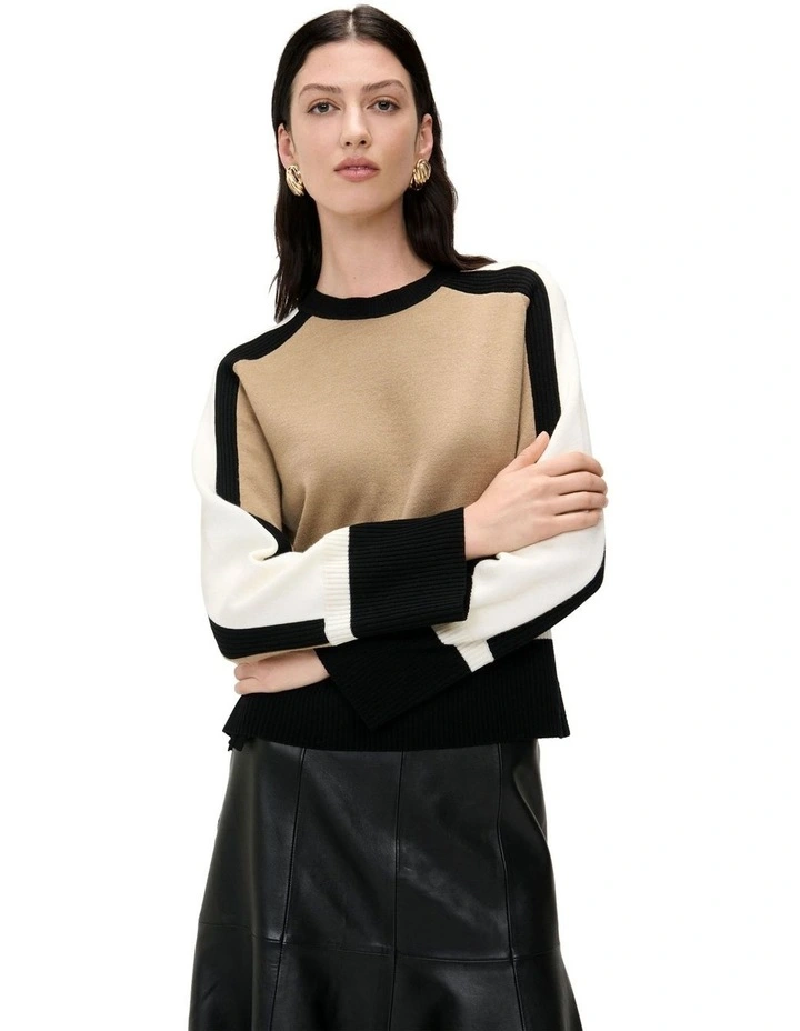 Colour Block Merino & Cotton Jumper in Camel image 3