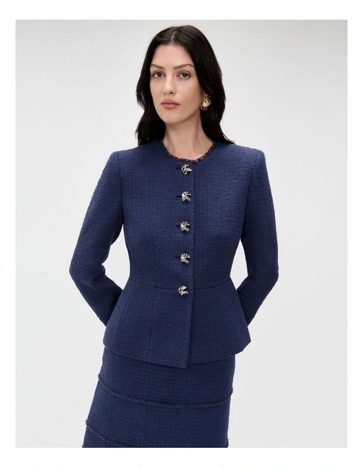 European Tweed Fringed Jacket in Blue image 3