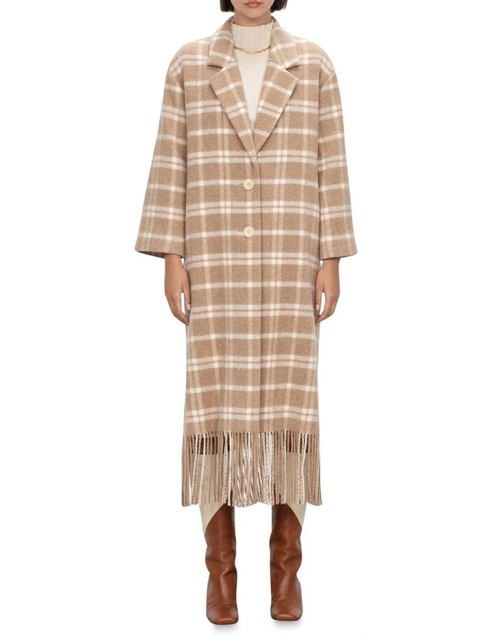 Wool Check Fringe Coat Tan image 1