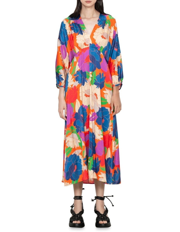Neon Peonies Midi Dress in Pink Multi
