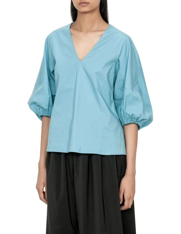 Crisp Cotton Blouson Sleeve Top in Duck Egg Blue image 3