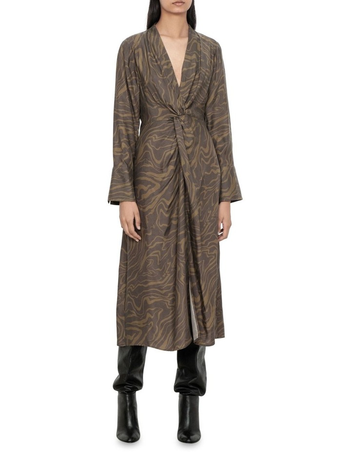 Surrealist Print Twist Dress in Khaki Green