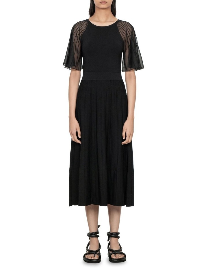 Sheer Sleeve Pleated Knit Dress in
