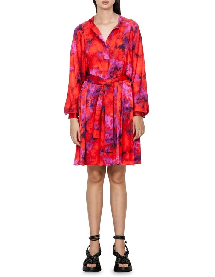 Clouded Red Satin Belted Shirt Dress in Ruby Multi
