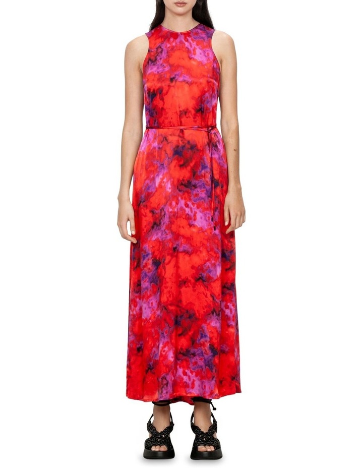 Clouded Red Satin Printed Maxi Dress in Ruby Multi