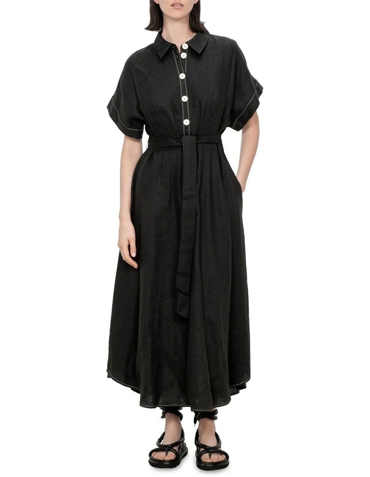 Minimalist Linen Maxi Shirt Dress in Black image 1