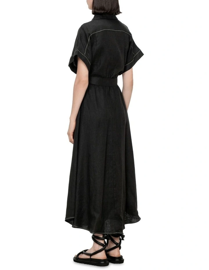 Minimalist Linen Maxi Shirt Dress in Black image 2