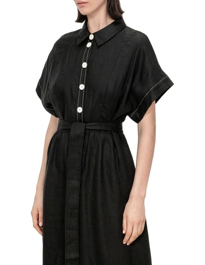 Minimalist Linen Maxi Shirt Dress in Black image 3