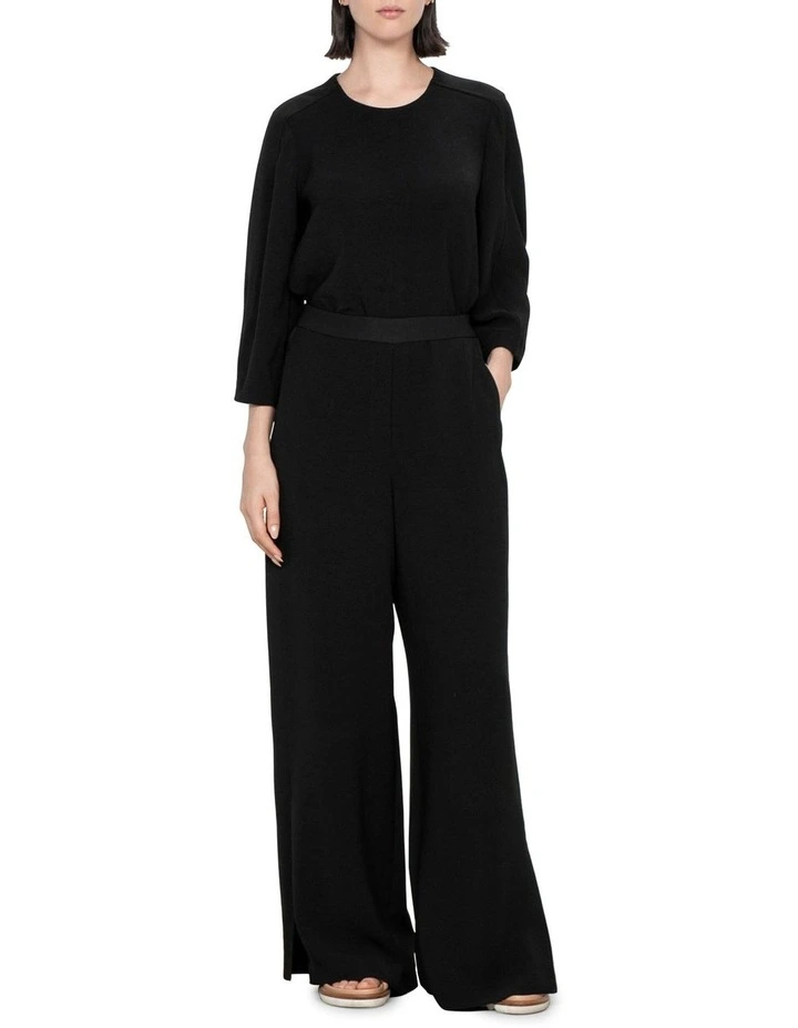 Washed Crepe Elastic Waist Pant in Black image 1