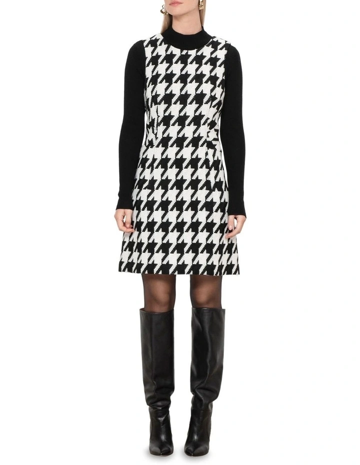 Oversized Houndstooth Tunic Dress in Black Multi image 1