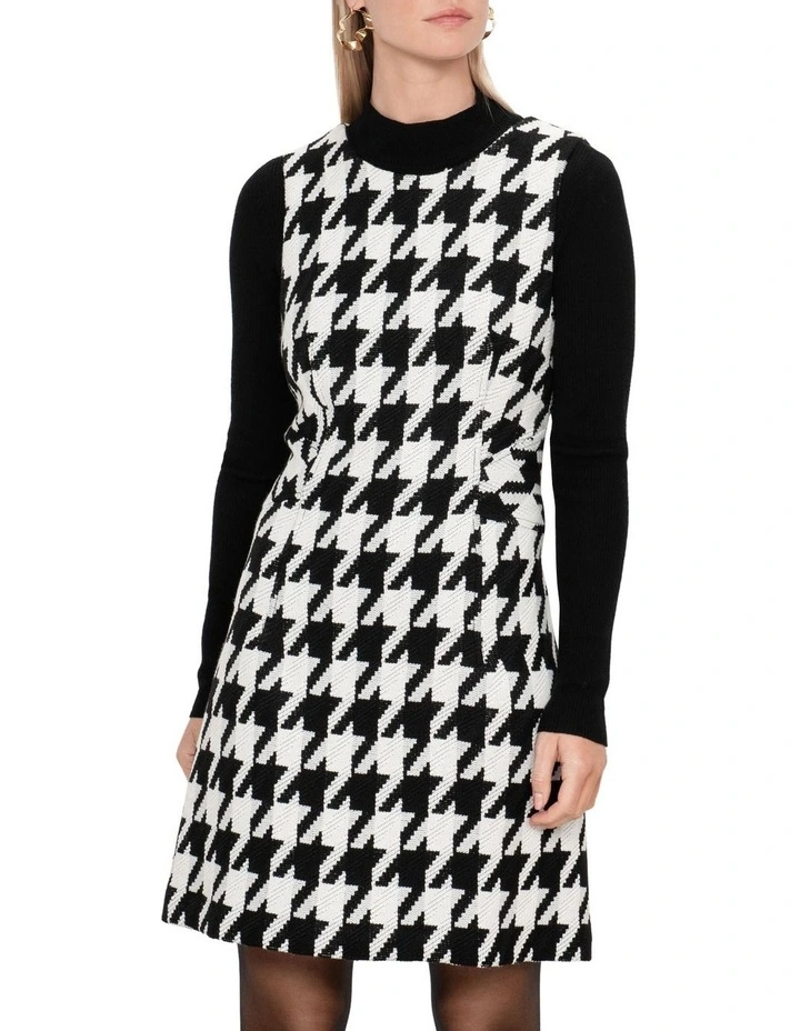 Oversized Houndstooth Tunic Dress in Black Multi image 3