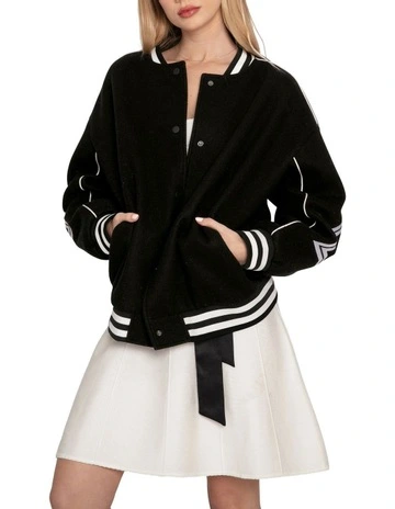 Hold Me Close Letterman Bomber Jacket in Black