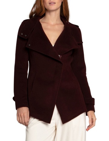 Wool Blend Moto Coat in Burgundy