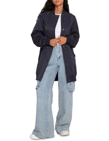 Chasing You Long Bomber Jacket in Navy