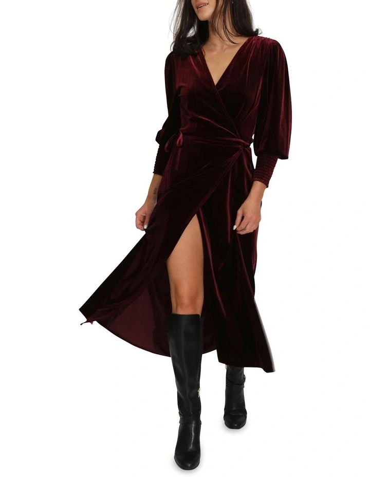 Current Mood Velvet Wrap Dress in Burgundy image 1