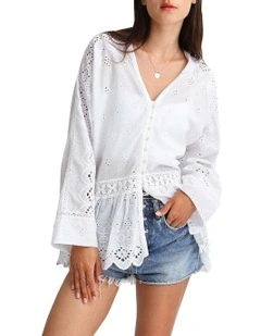 Unbutton Me Eyelet Button Down Shirt in White