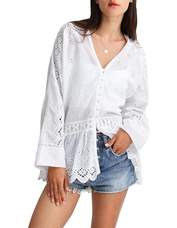 Unbutton Me Eyelet Button Down Shirt in White