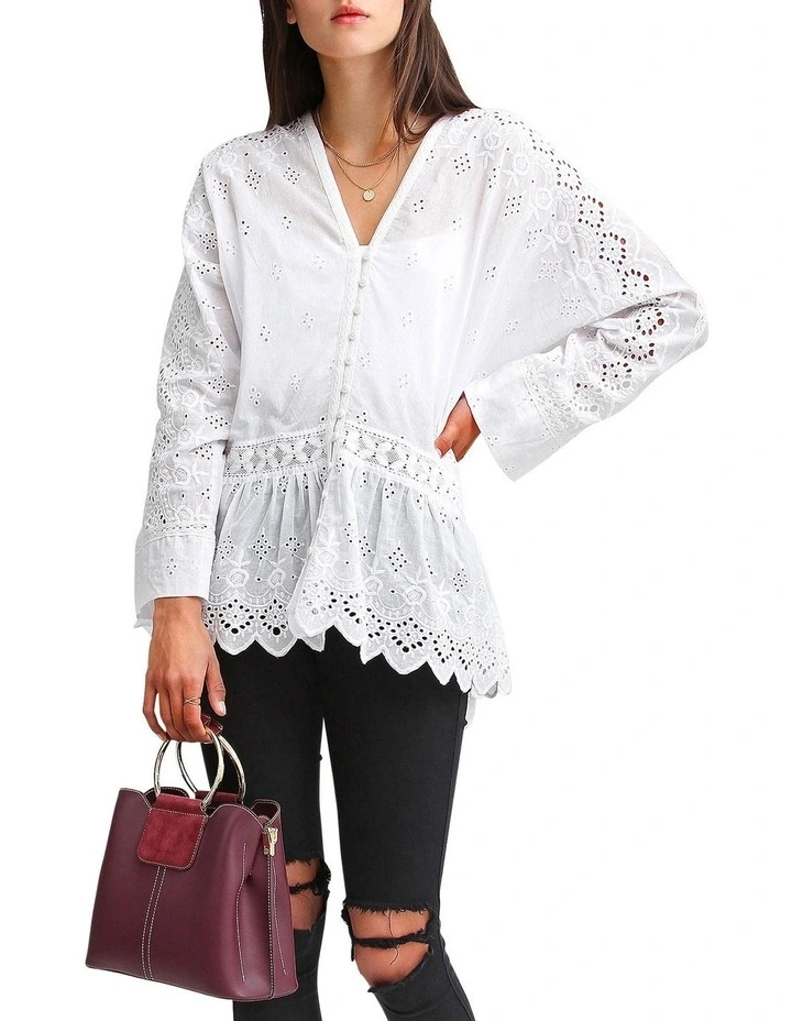 Unbutton Me Eyelet Button Down Shirt in White image 2