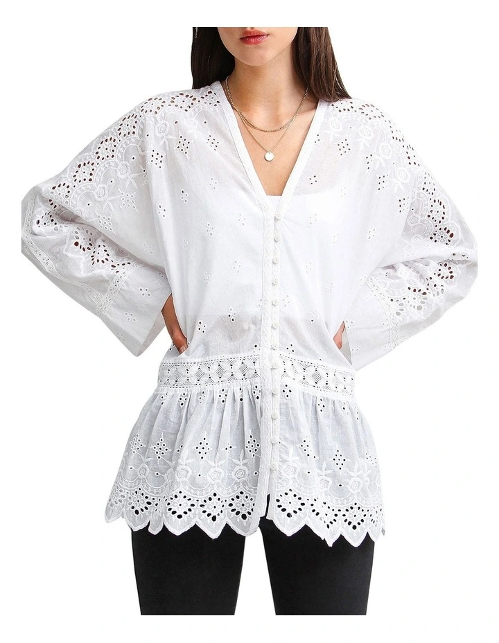 Unbutton Me Eyelet Button Down Shirt in White image 4