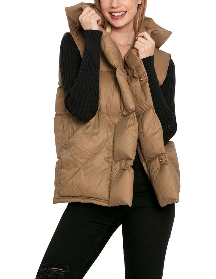 Over My Head Hooded Puffer Vest in Khaki image 1