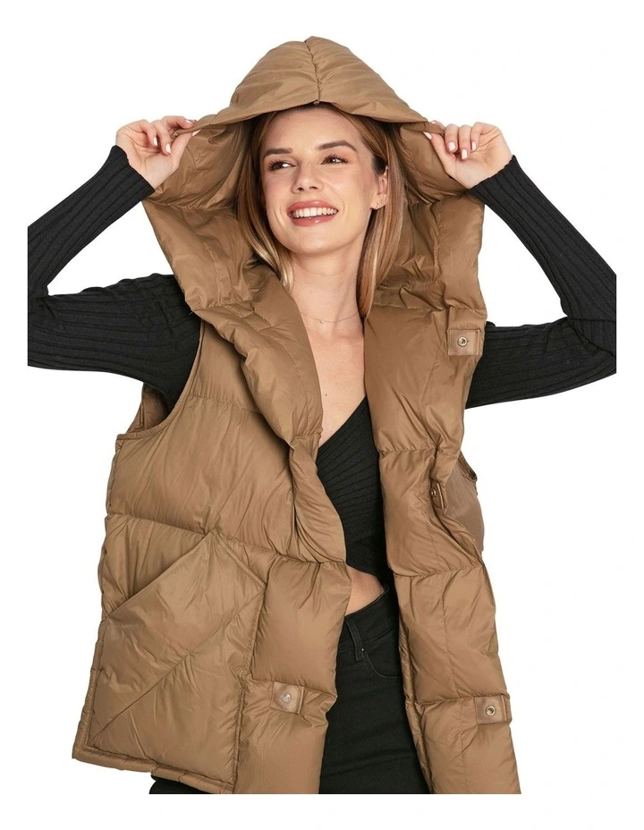 Over My Head Hooded Puffer Vest in Khaki image 4