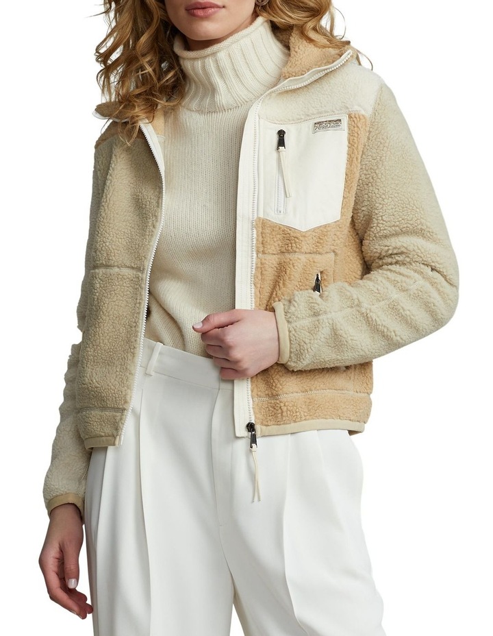 Leather-Trim Faux-Shearling Jacket in Beige